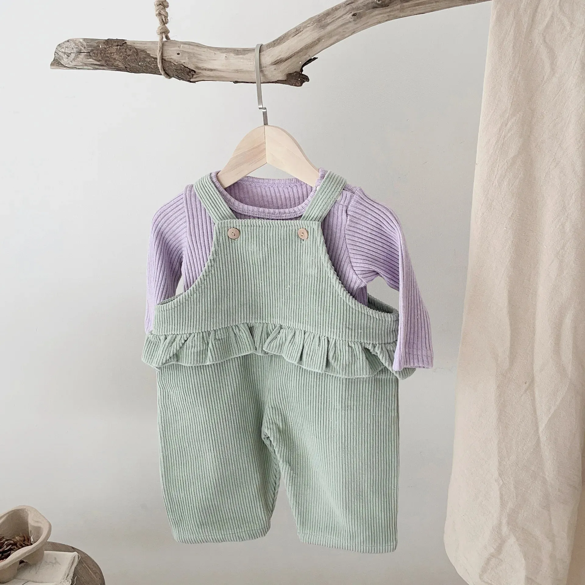 Cozy Green Overalls & Purple Knit Jumper Set for Babies