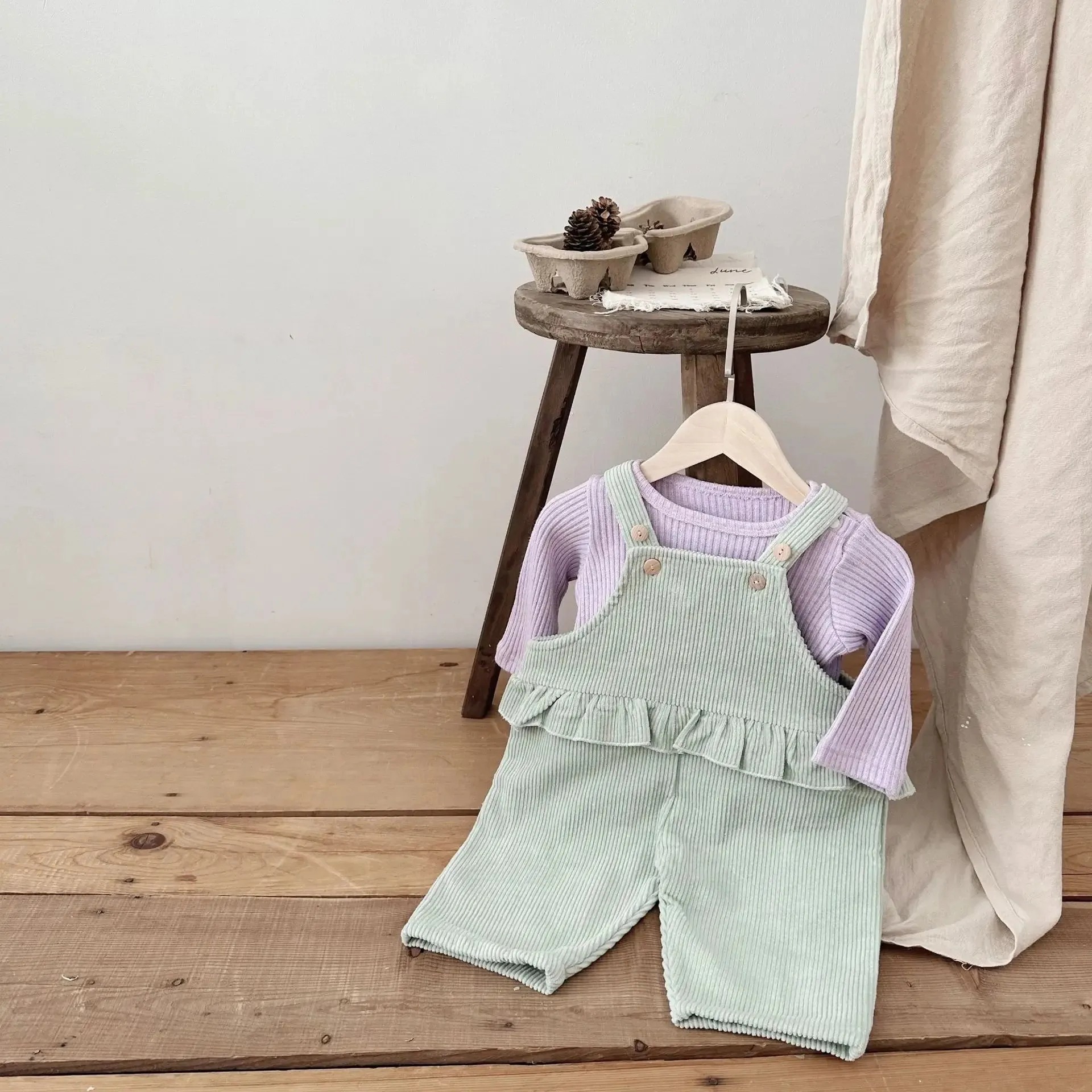 Cozy Green Overalls & Purple Knit Jumper Set for Babies