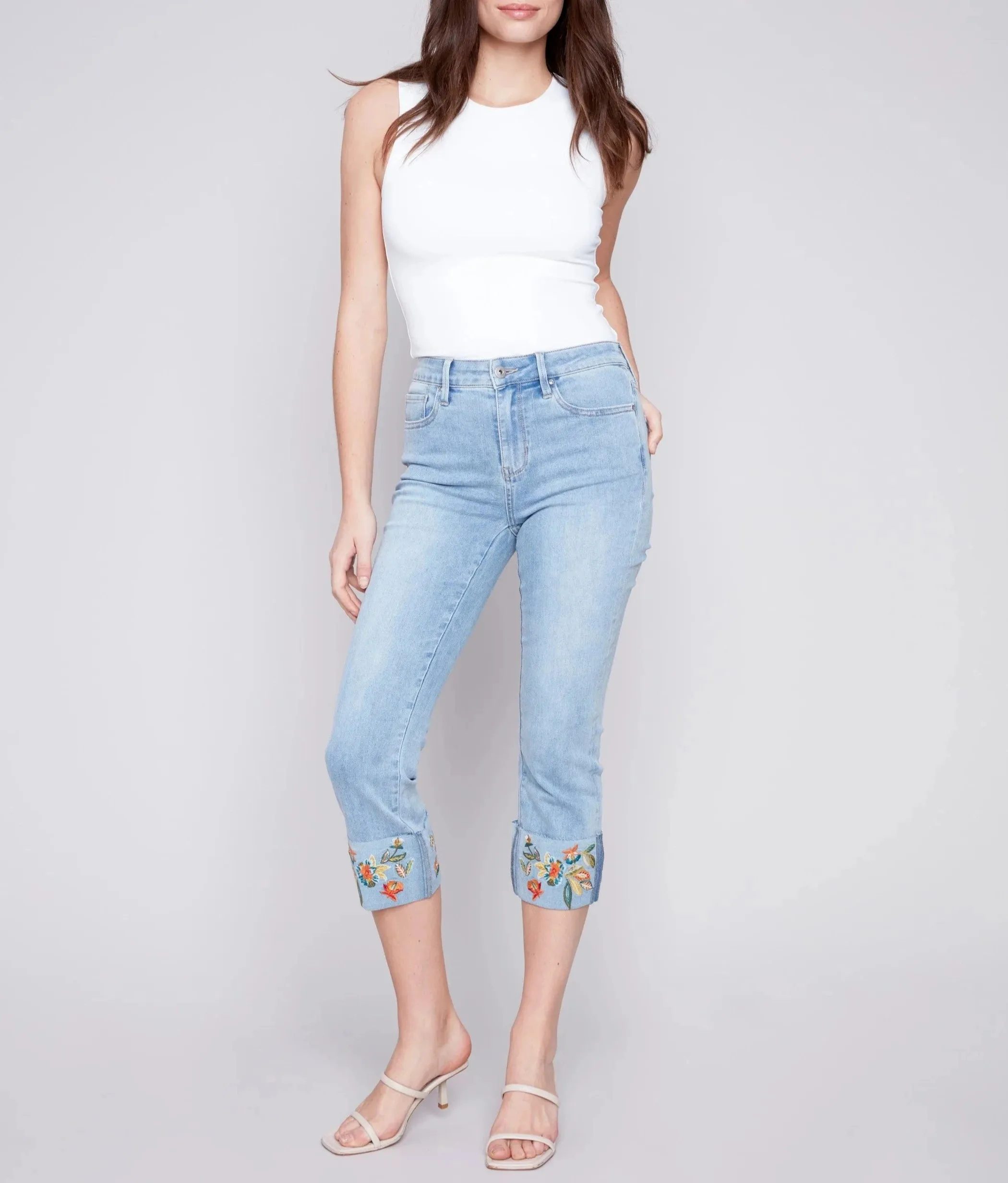 Cropped Jeans with Embroidered Cuff