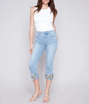 Cropped Jeans with Embroidered Cuff