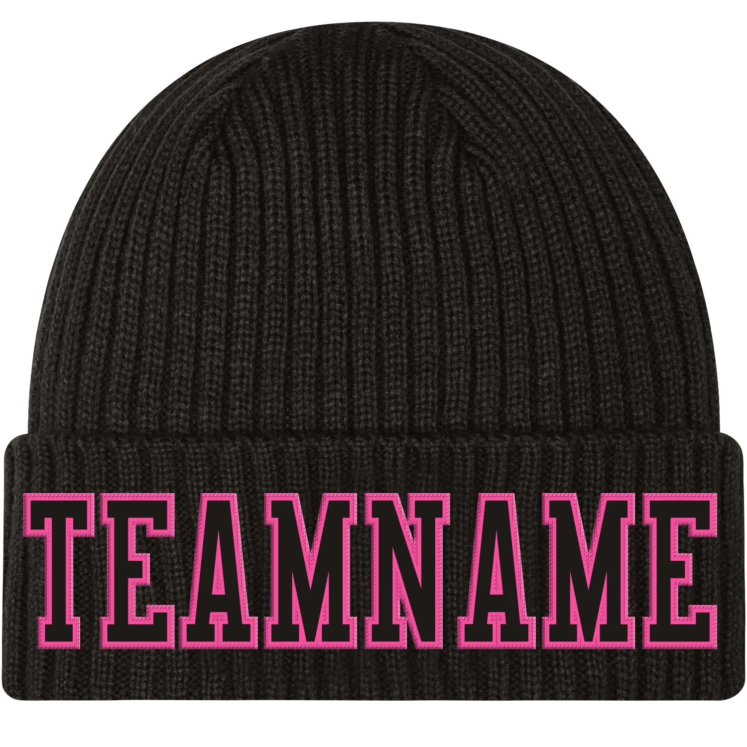 Custom Black Black-Pink Stitched Cuffed Knit Hat