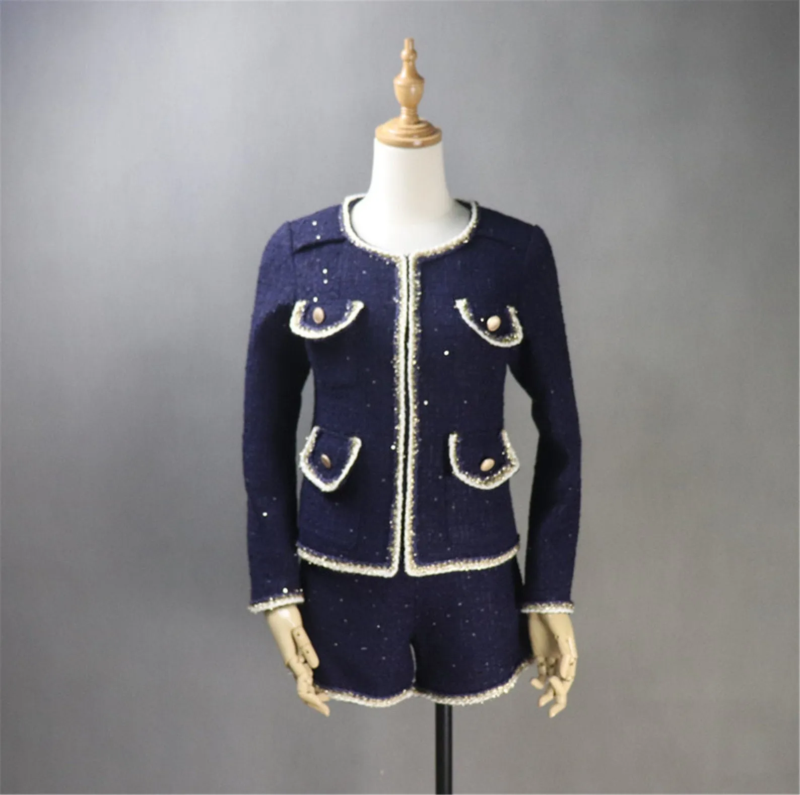 Custom Made Navy Blazer Coat  Skirt / Shorts Suit Sequined Tweed for Women