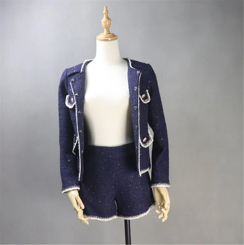 Custom Made Navy Blazer Coat  Skirt / Shorts Suit Sequined Tweed for Women