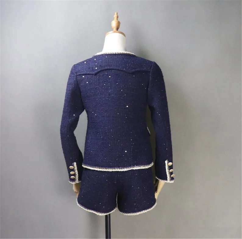 Custom Made Navy Blazer Coat  Skirt / Shorts Suit Sequined Tweed for Women