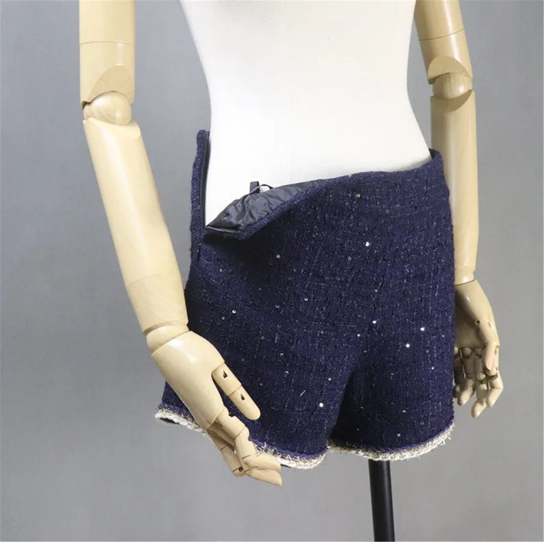 Custom Made Navy Blazer Coat  Skirt / Shorts Suit Sequined Tweed for Women