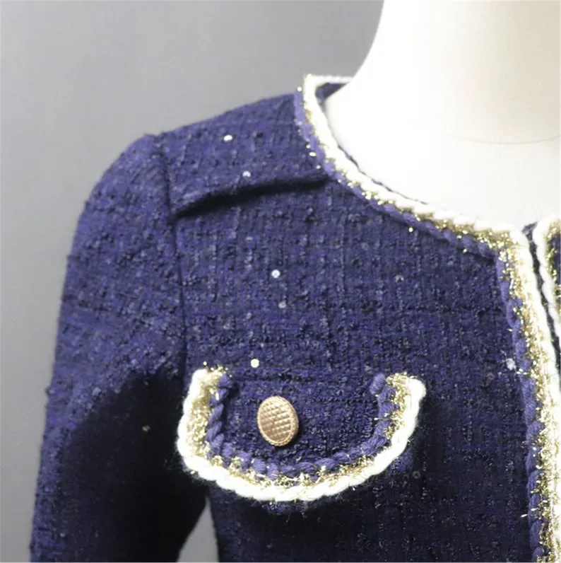 Custom Made Navy Blazer Coat  Skirt / Shorts Suit Sequined Tweed for Women