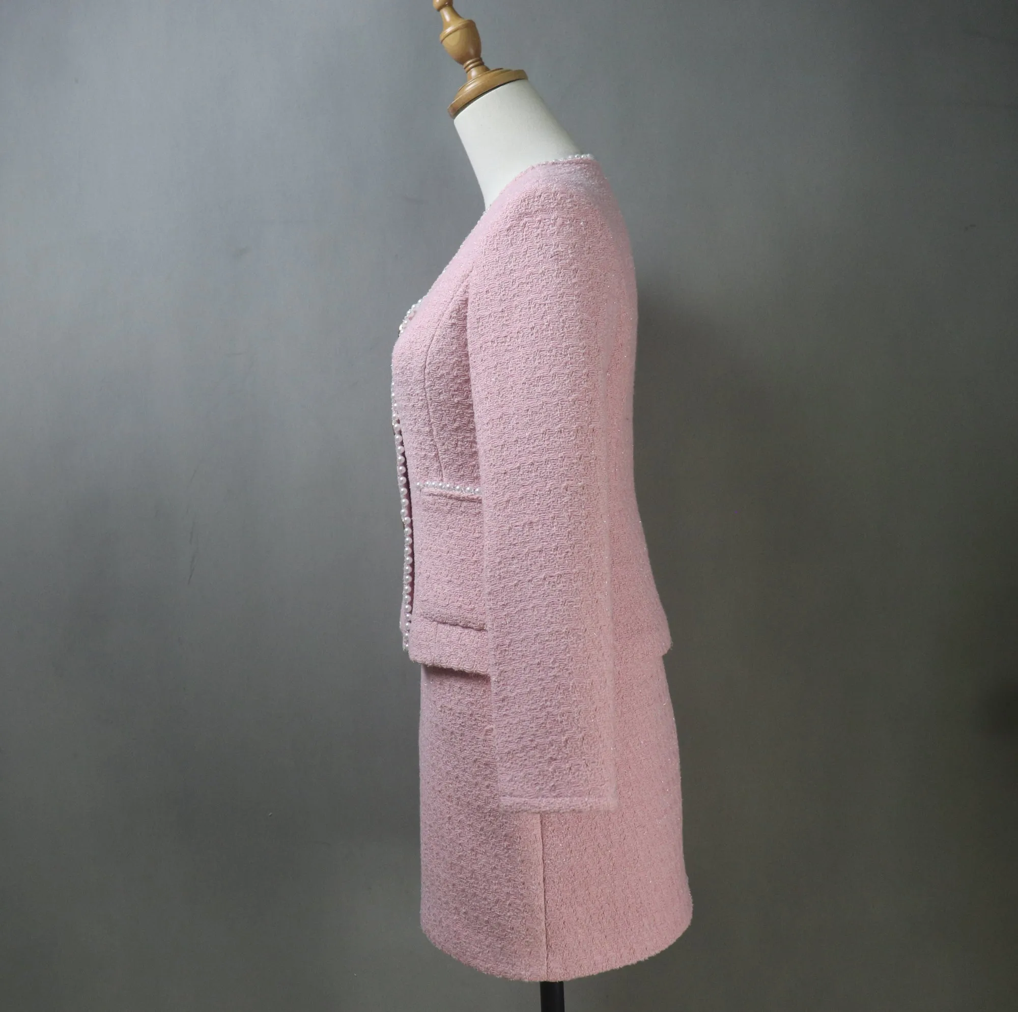 Custom Made Pink Tweed Skirt Suit with Pearls Trim