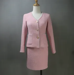 Custom Made Pink Tweed Skirt Suit with Pearls Trim