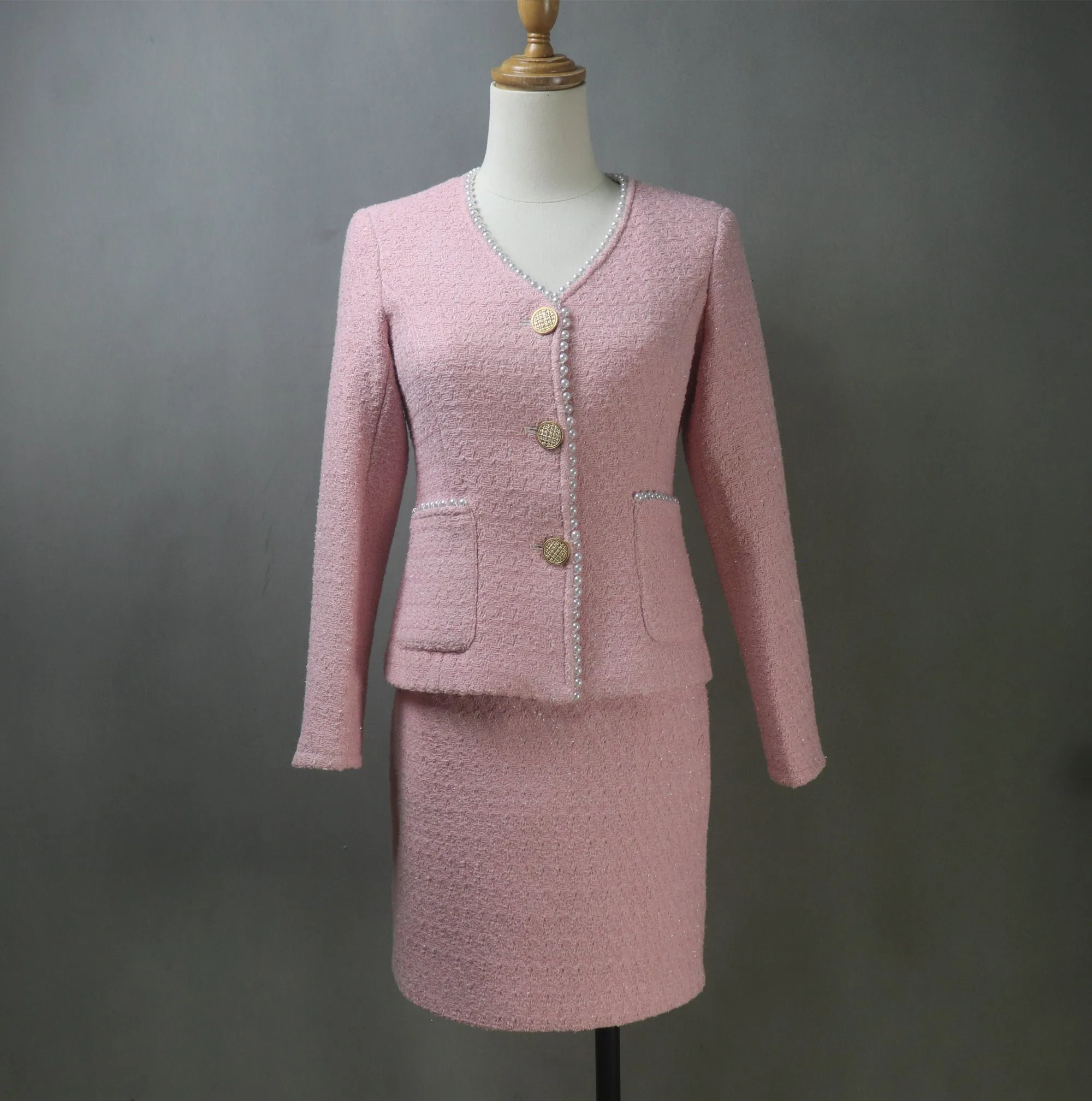 Custom Made Pink Tweed Skirt Suit with Pearls Trim