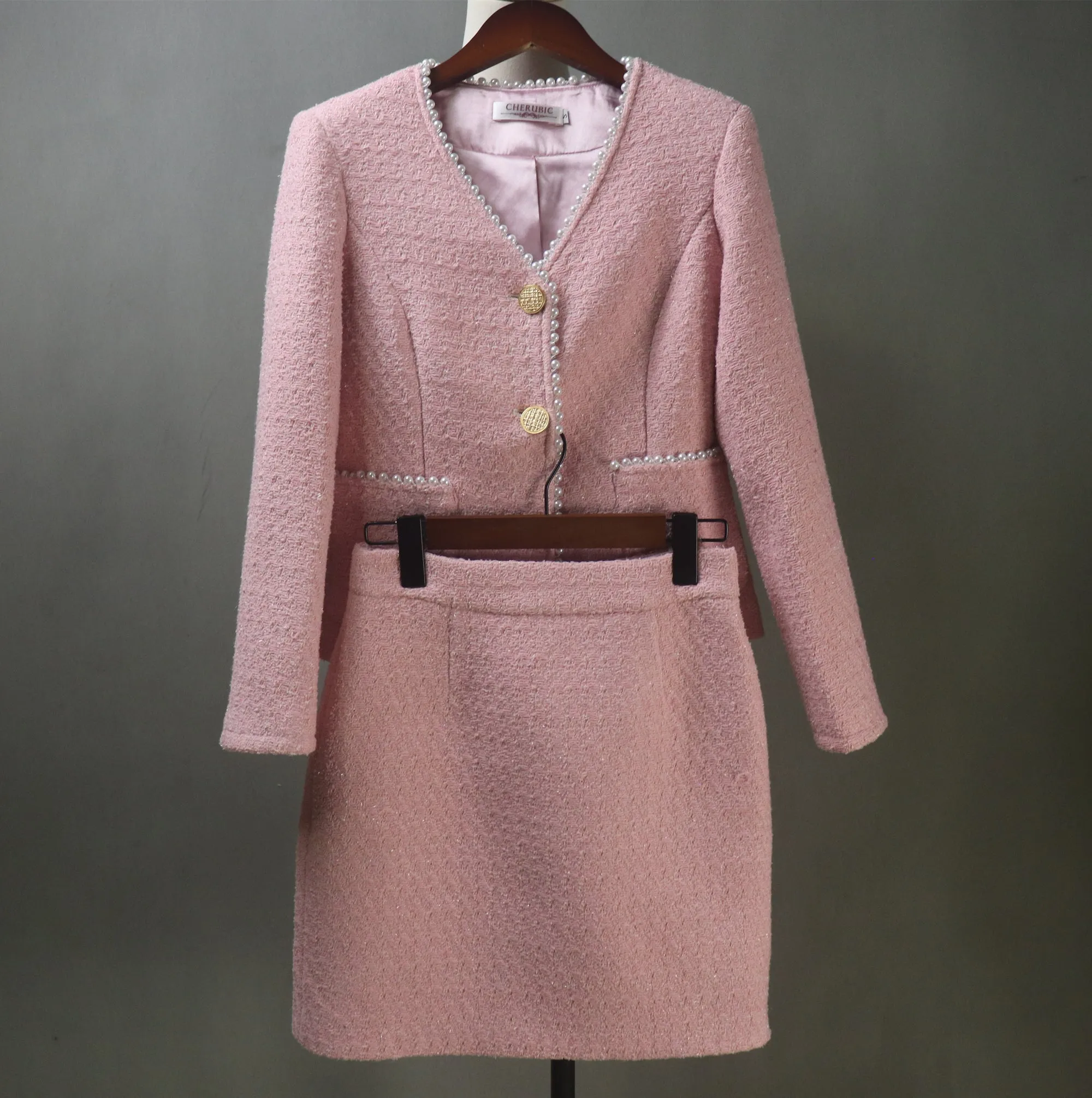 Custom Made Pink Tweed Skirt Suit with Pearls Trim