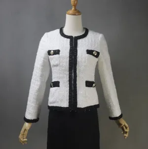 Custom Made Tailor Hand Made Black Trim White Tweed Blazer Coat  Skirt / Dress Suit