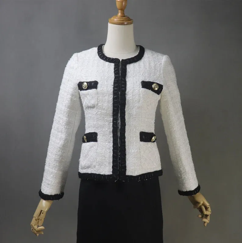 Custom Made Tailor Hand Made Black Trim White Tweed Blazer Coat  Skirt / Dress Suit