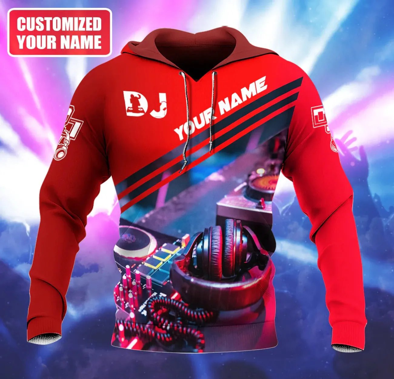 Customized 3D Red DJ Zip Hoodie For DJ Lover, Disc Jockey Player EDM Party Gift, DJ Shirt