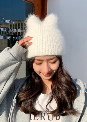 Cute White Warm Rabbit Hair Knit Bonnie Hat