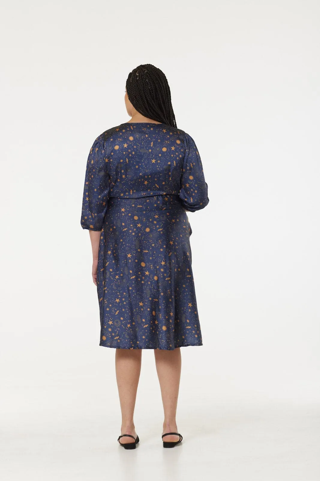 Daphne Midi,Moon and Print Stars Tea Dress in Recycled fabric