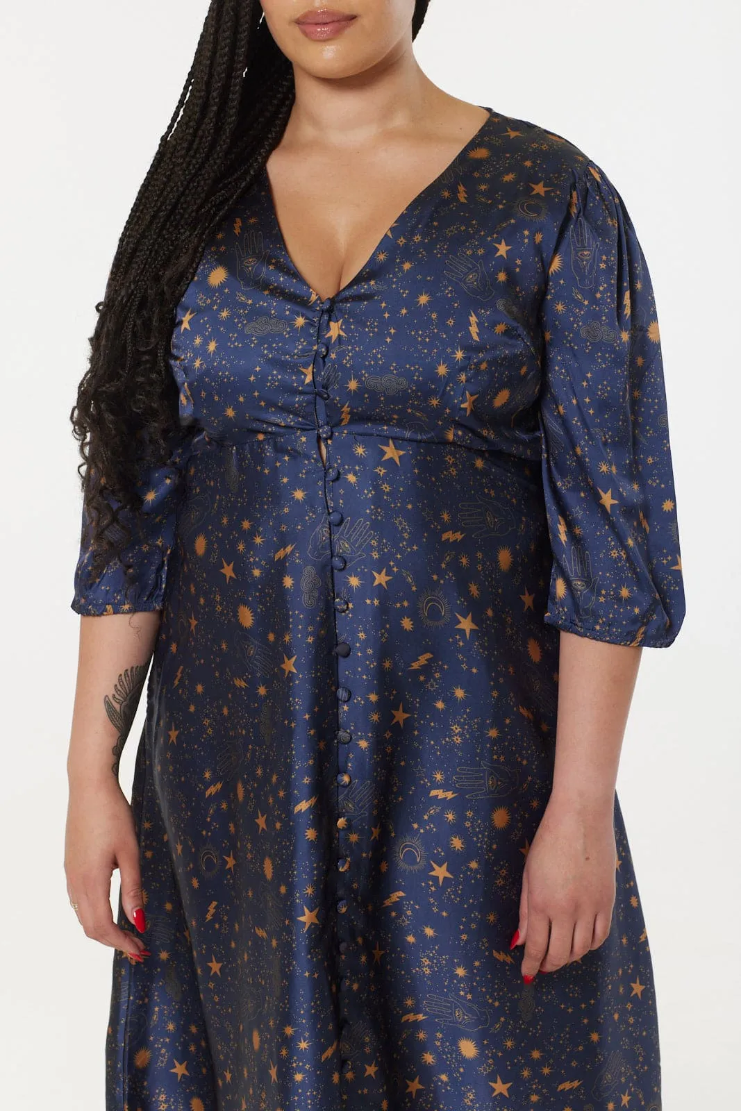 Daphne Midi,Moon and Print Stars Tea Dress in Recycled fabric