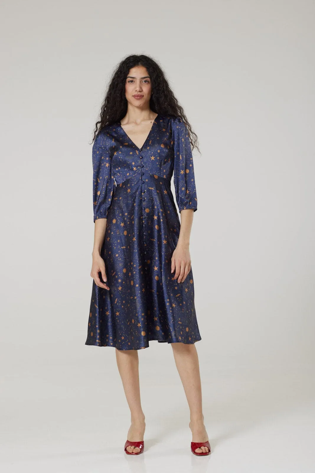 Daphne Midi,Moon and Print Stars Tea Dress in Recycled fabric