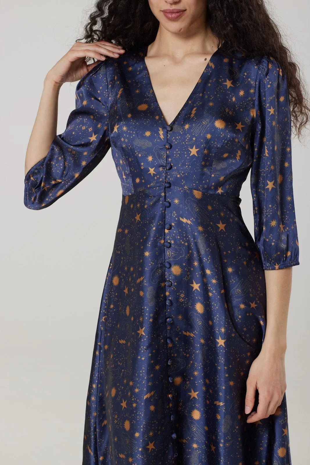 Daphne Midi,Moon and Print Stars Tea Dress in Recycled fabric