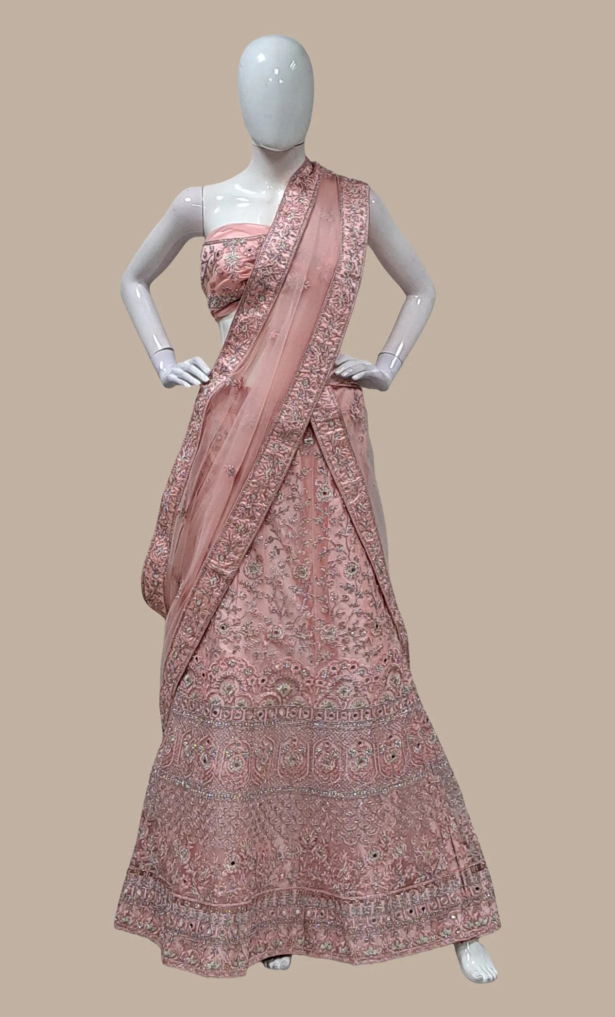 Deep Peach Embroidered Lengha