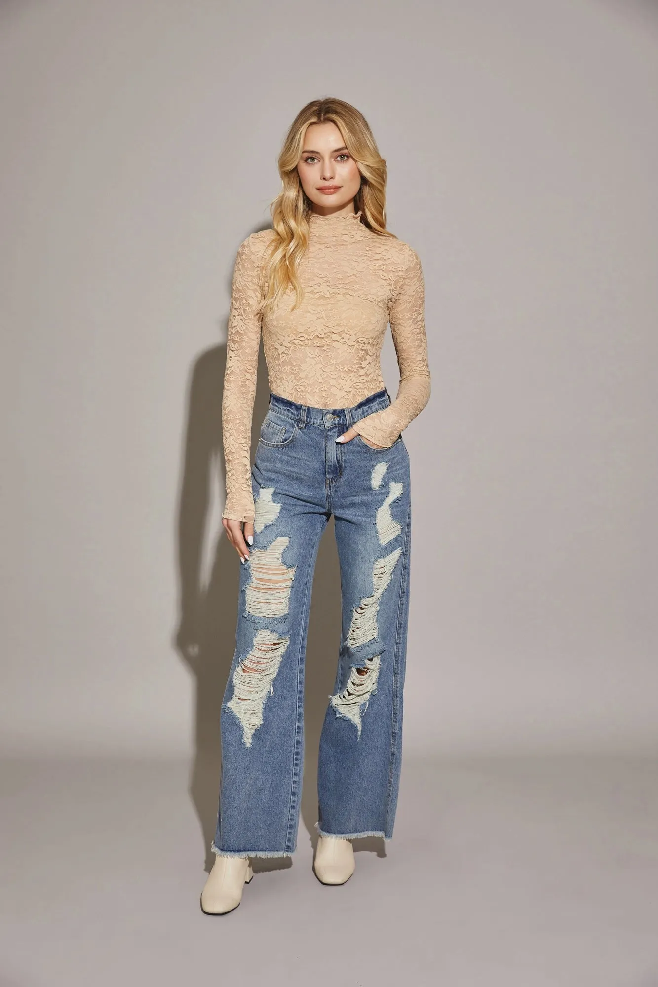 Distressed High Waist Cut Edge Denim Pants