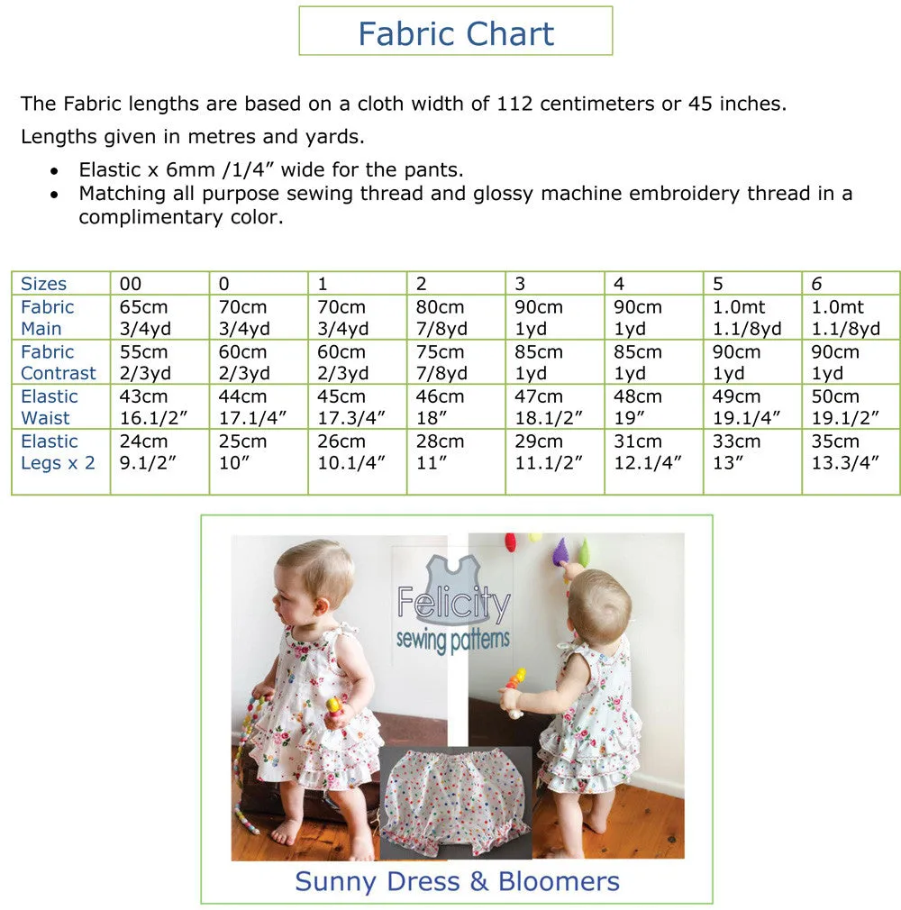 Dress & matching pants toddler sewing pattern SUNNY DRESS & BLOOMERS Sizes 6 months to 6 years