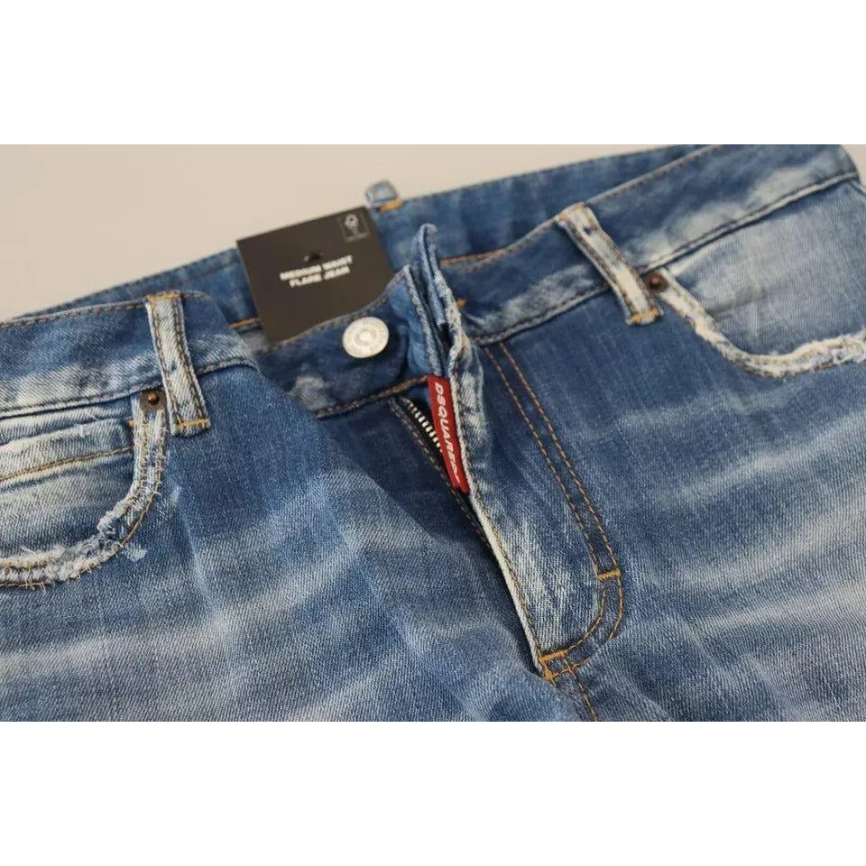 Dsquared² Blue Washed Cotton Mid Waist Flared Denim Jeans