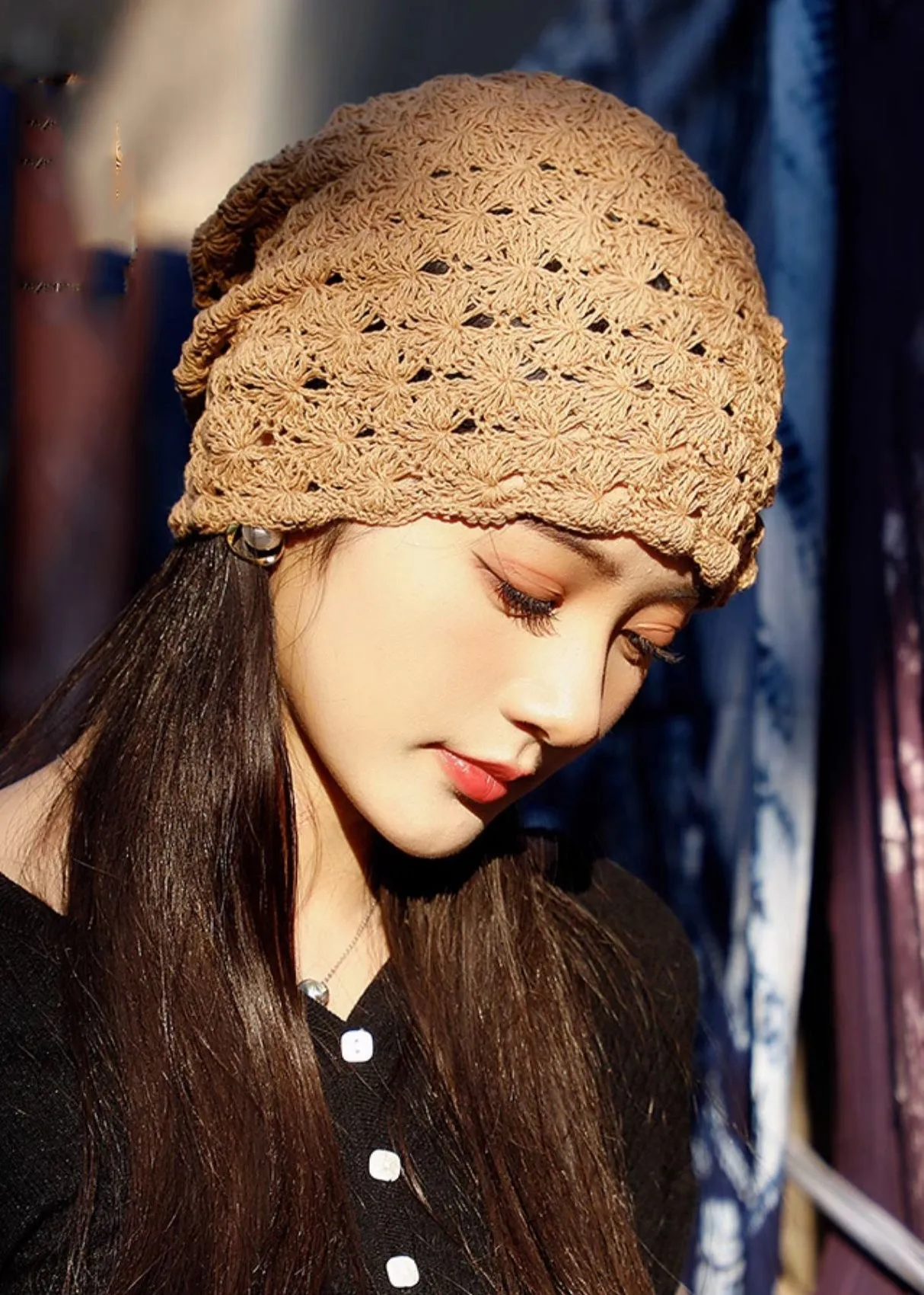 Elegant Khaki Hollow Out Floral Knit Bonnie Hat