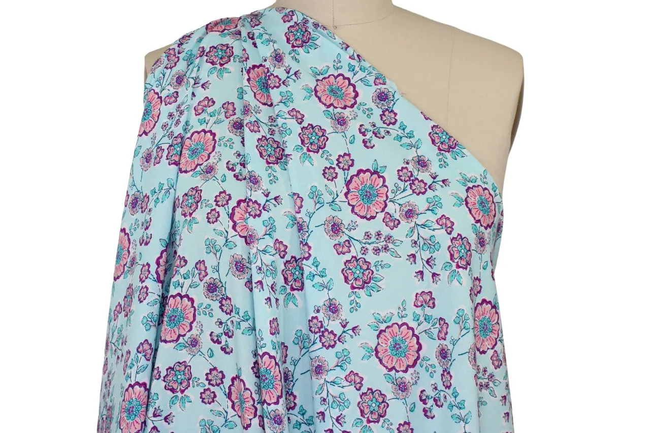 Floral Border Print Rayon Challis - Pinks/Aquas/Blue