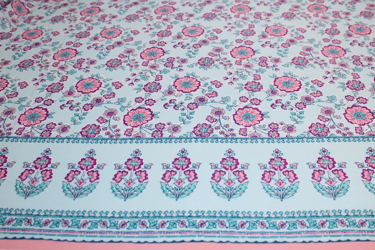 Floral Border Print Rayon Challis - Pinks/Aquas/Blue