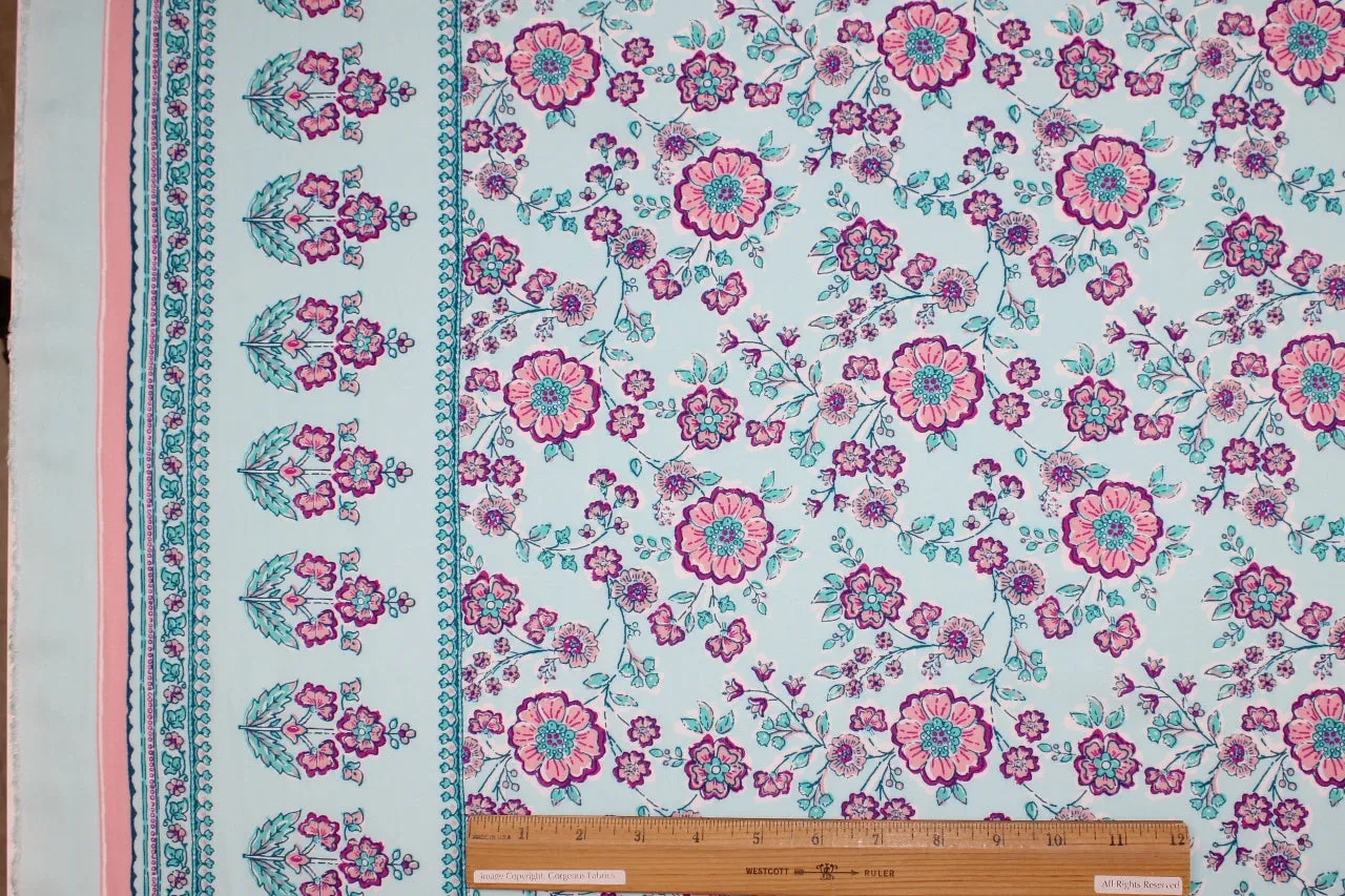 Floral Border Print Rayon Challis - Pinks/Aquas/Blue