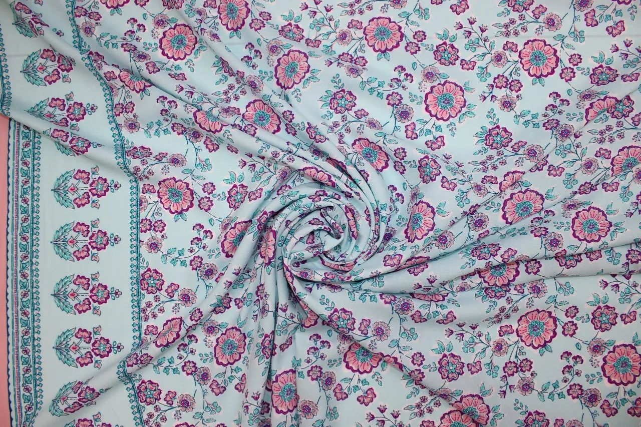 Floral Border Print Rayon Challis - Pinks/Aquas/Blue