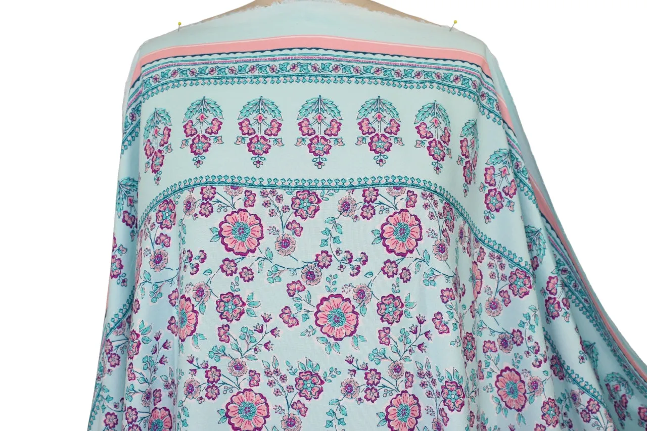 Floral Border Print Rayon Challis - Pinks/Aquas/Blue