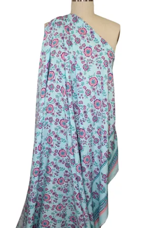 Floral Border Print Rayon Challis - Pinks/Aquas/Blue