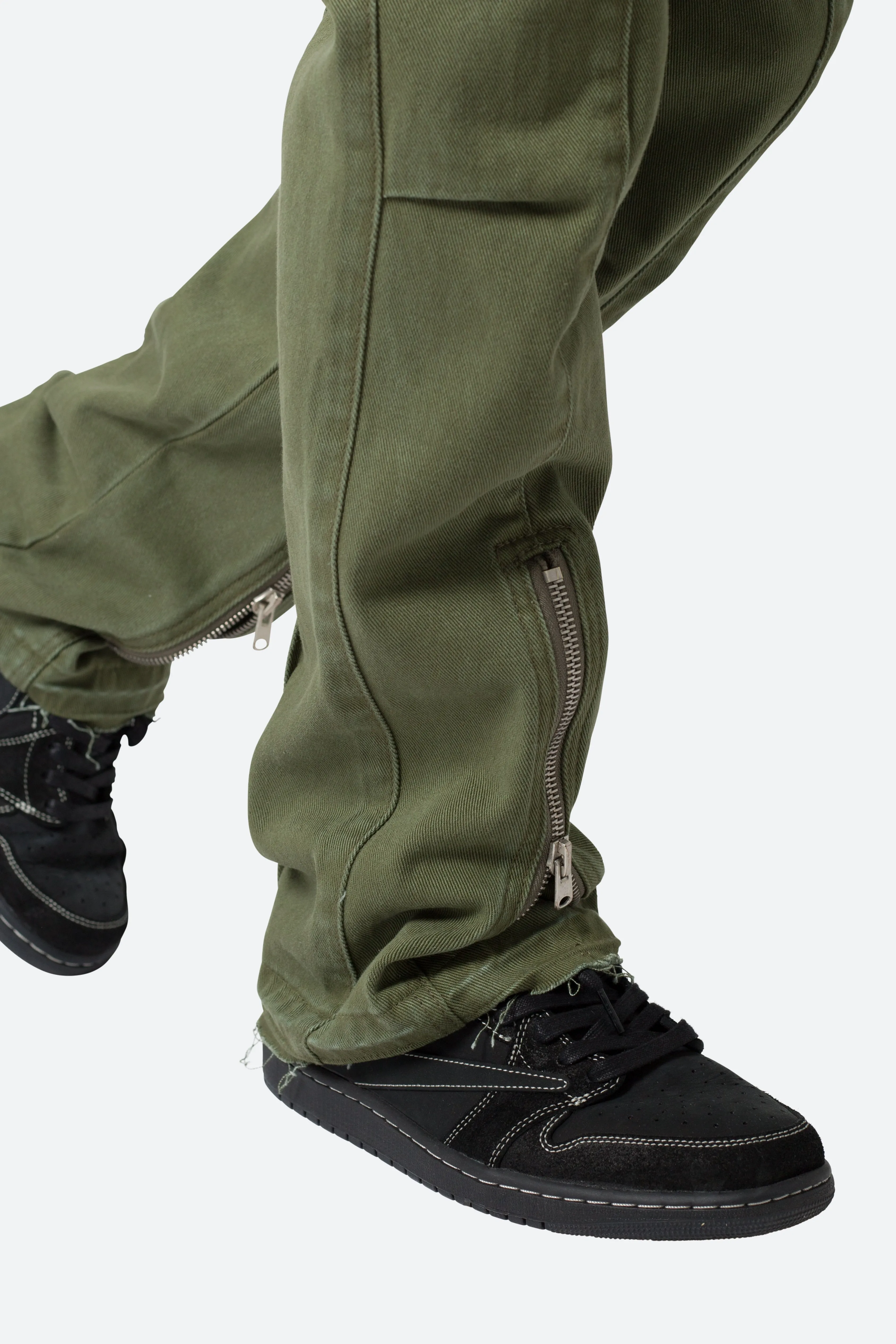 Front Zip Flare Cargo Pants - Olive