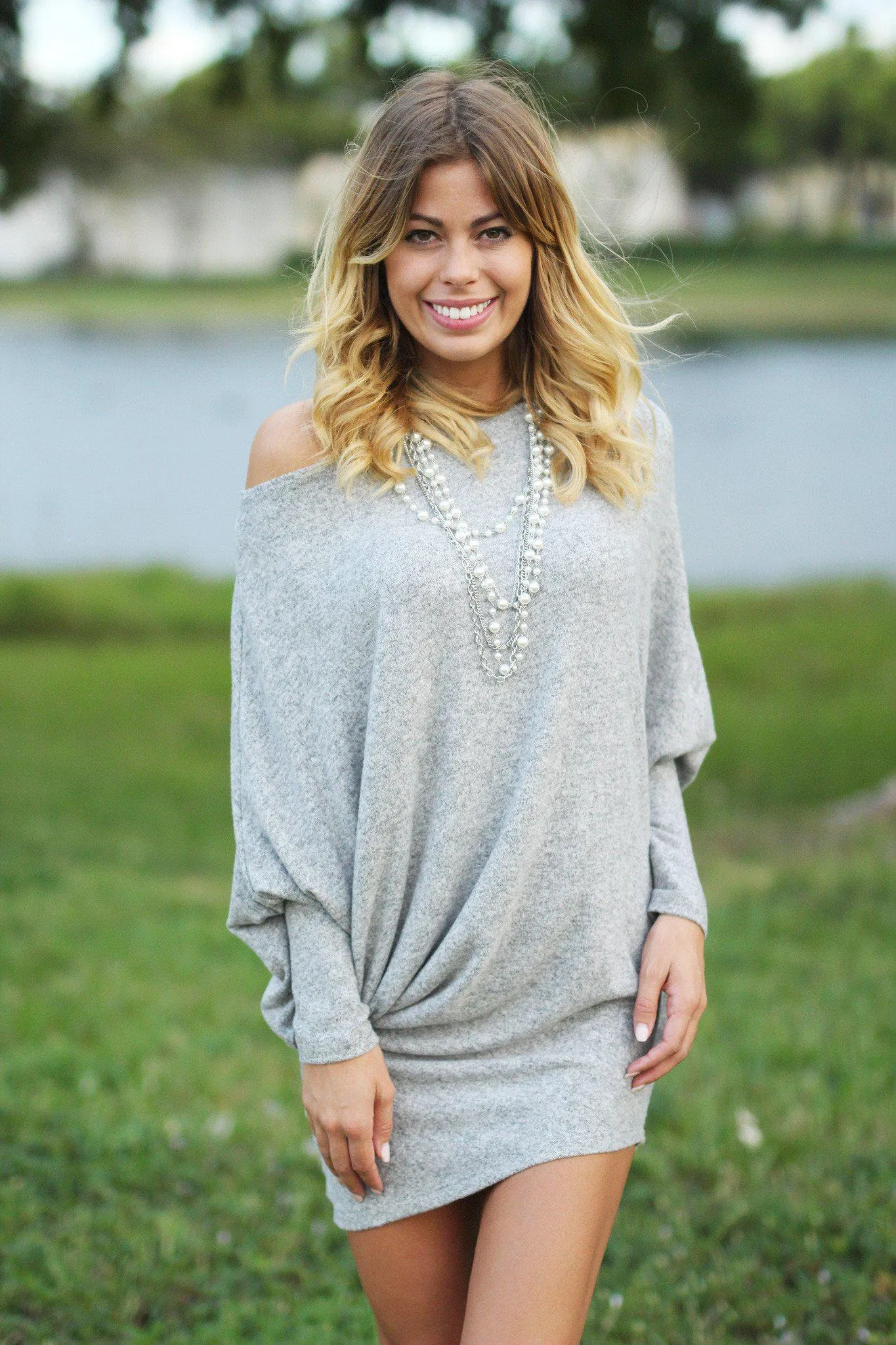 Gray Asymmetrical Long Sleeve Dress