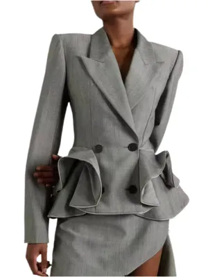 Gray ruffled cross front blazer