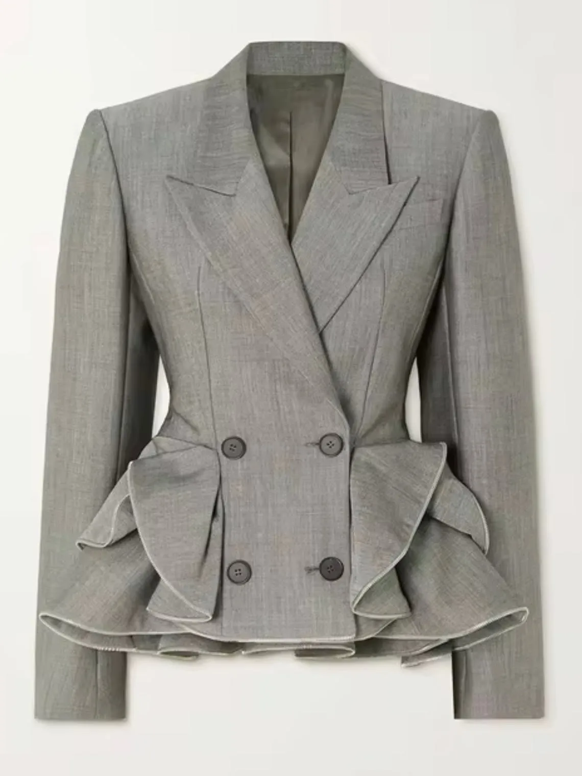 Gray ruffled cross front blazer