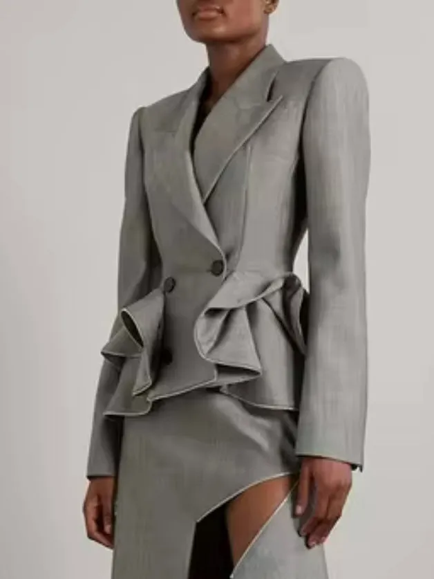 Gray ruffled cross front blazer