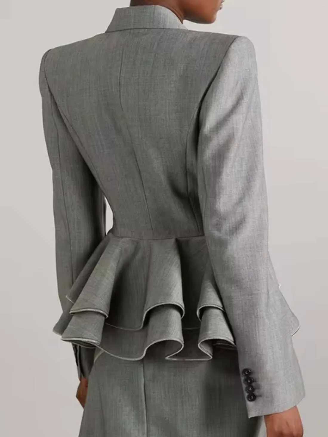 Gray ruffled cross front blazer