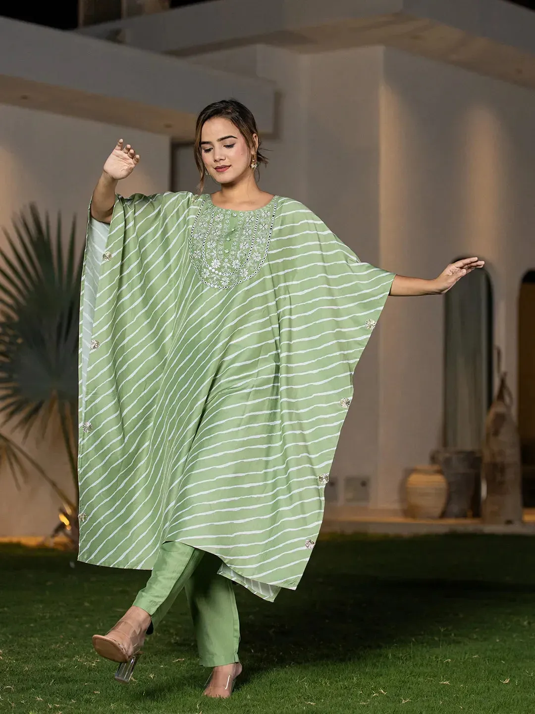 Green Silk Blend Thread Work Embroidery & Leheriya Print Kaftan Style Kurta Trouser Set