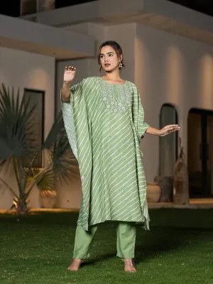 Green Silk Blend Thread Work Embroidery & Leheriya Print Kaftan Style Kurta Trouser Set