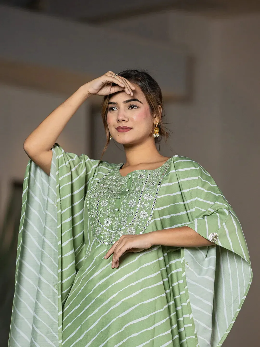 Green Silk Blend Thread Work Embroidery & Leheriya Print Kaftan Style Kurta Trouser Set