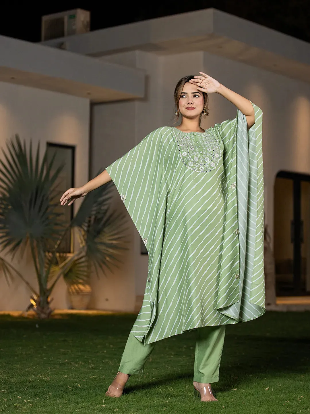 Green Silk Blend Thread Work Embroidery & Leheriya Print Kaftan Style Kurta Trouser Set