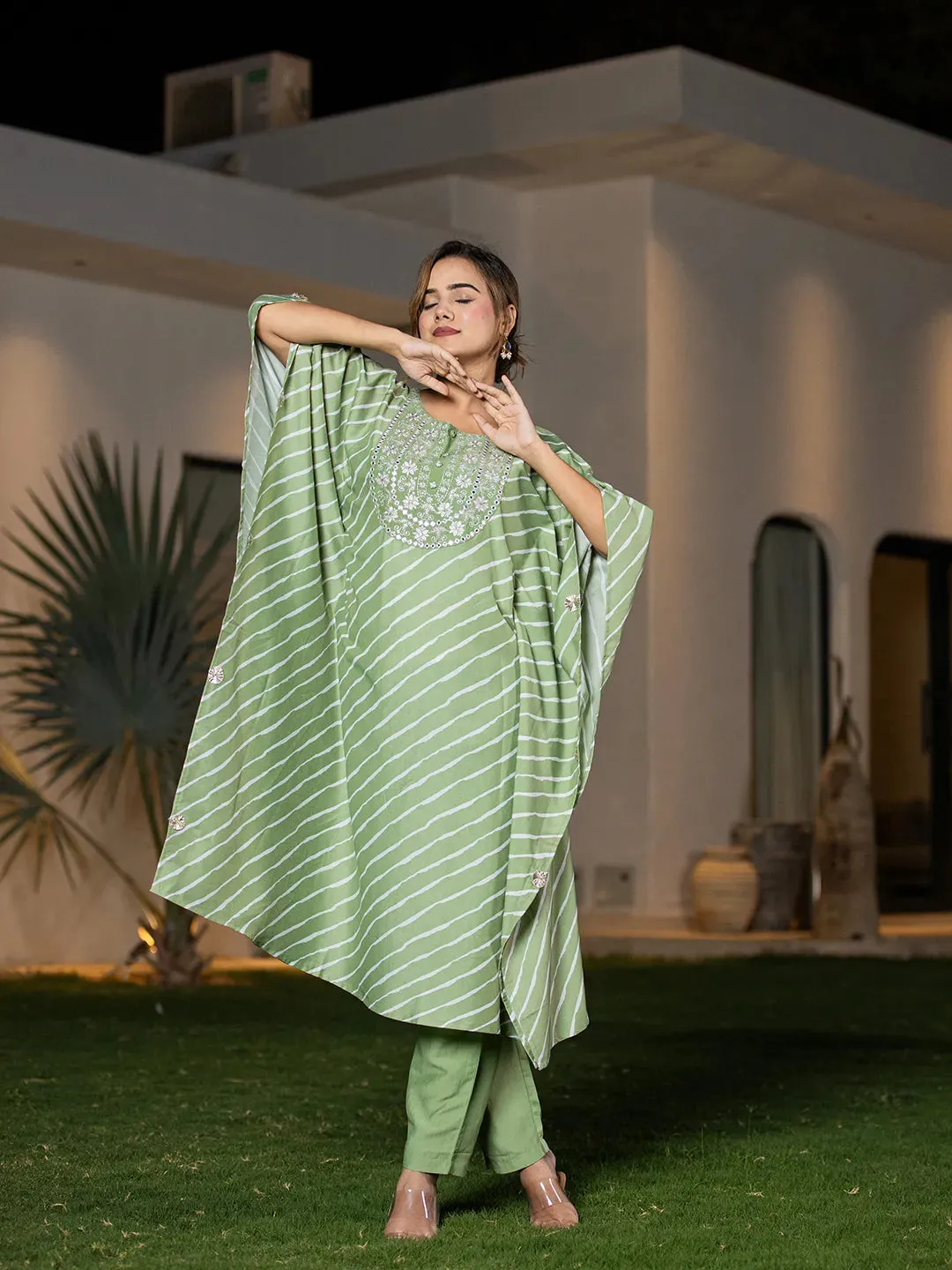 Green Silk Blend Thread Work Embroidery & Leheriya Print Kaftan Style Kurta Trouser Set