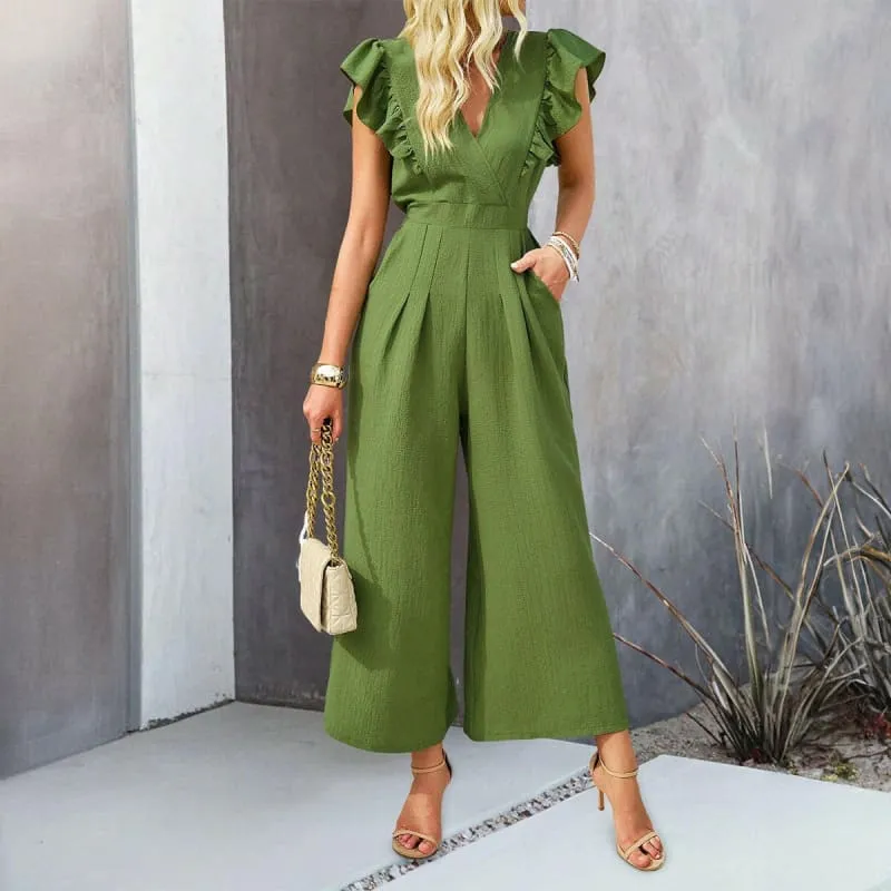 Green Summer Wide Leg European Jumpsuit with Ruffled Cap Sleeves