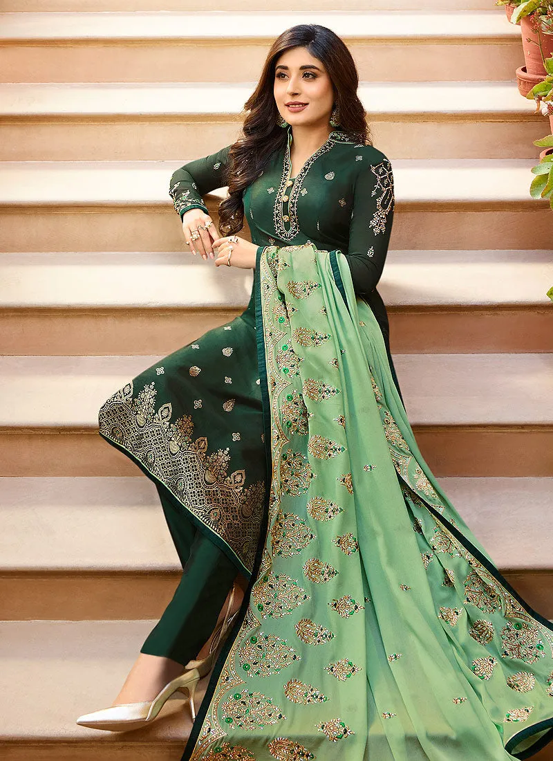 Green Two Tone Embroidered Pant Suit