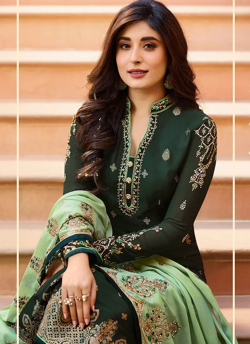 Green Two Tone Embroidered Pant Suit