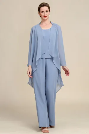 Grey Blue Long Sleeves 3 Piece Mother of the Bride Pant Suits