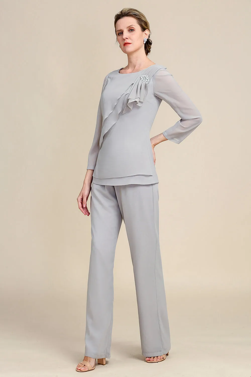 Grey Long Sleeves 2 Piece Mother of the Bride Pant Suits