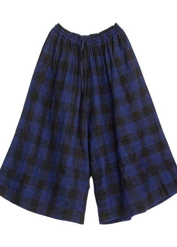 Handmade blue plaid pants plus size fall wide leg pants